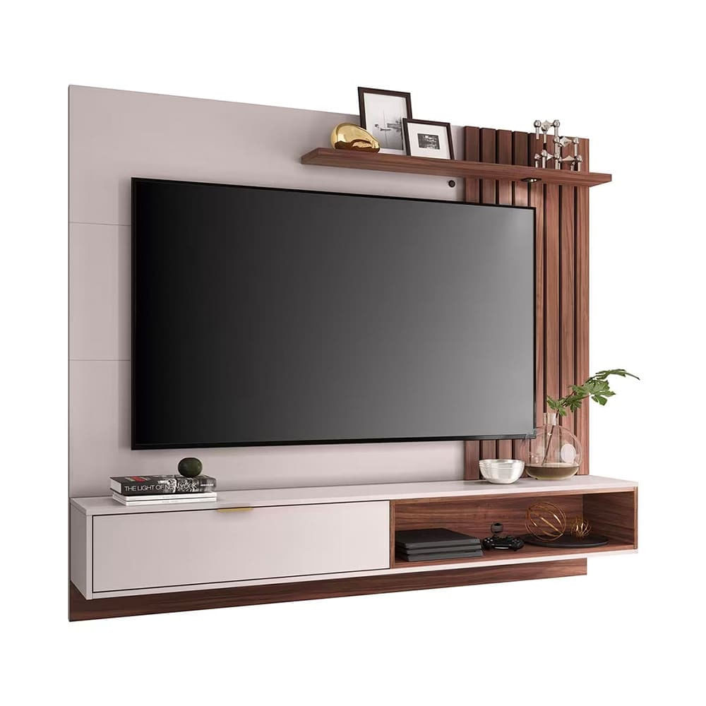 Sofá 4 Lugares Linoforte Bonno Retrátil - 230 cm de Largura + Painel Home Suspenso Colibri Tocantins com 160 cm de Largura TVs de até 60 Off White com Pastel