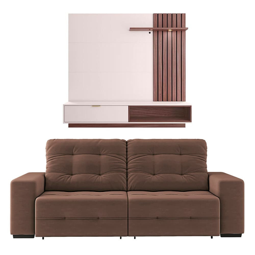 Sofá 4 Lugares Linoforte Bonno Retrátil - 230 cm de Largura + Painel Home Suspenso Colibri Tocantins com 160 cm de Largura TVs de até 60