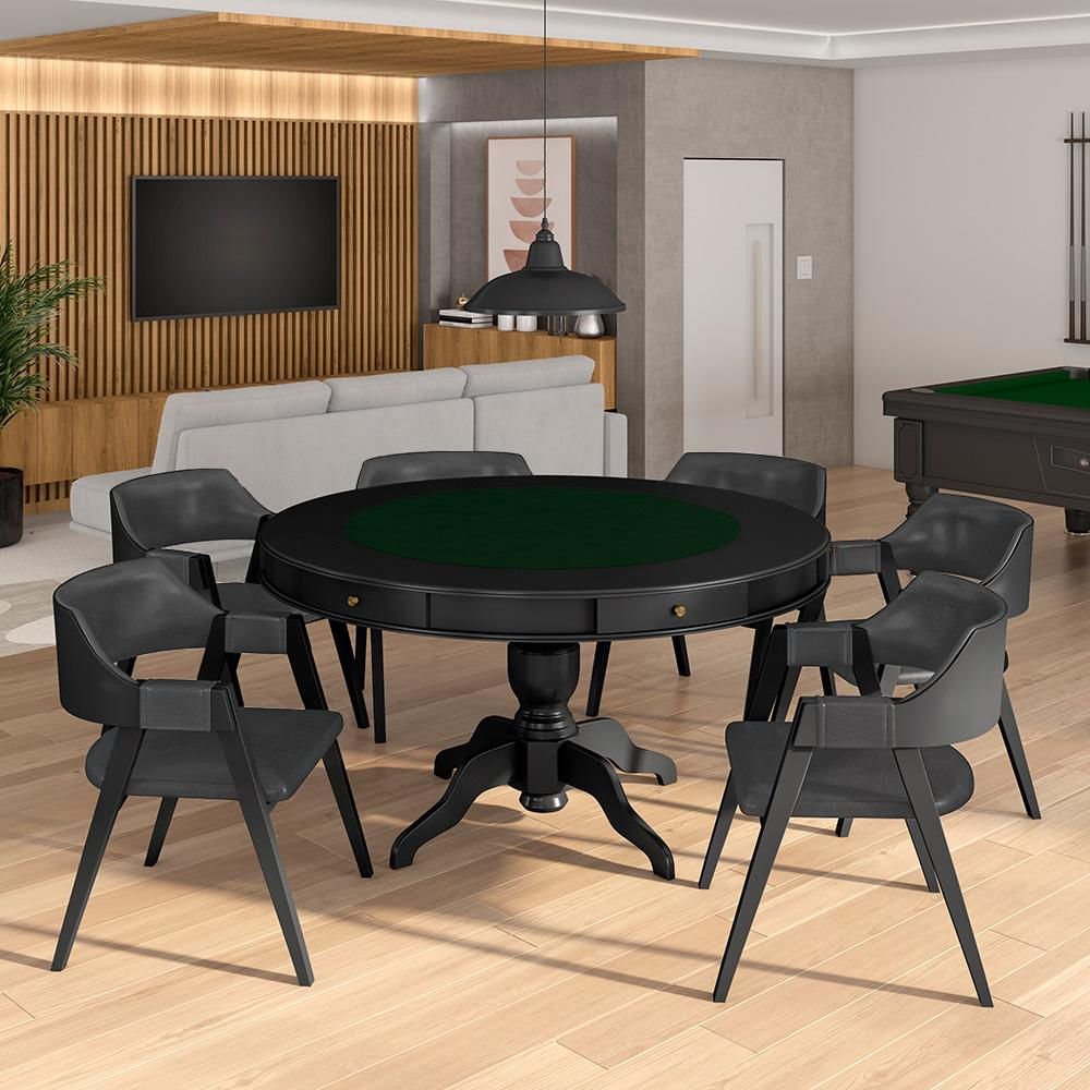 Conjunto Mesa de Jogos Carteado Bellagio Tampo Reversível e 6 Cadeiras Madeira Poker Base Estrela PU Grafite/Preto G42 - Gran Belo