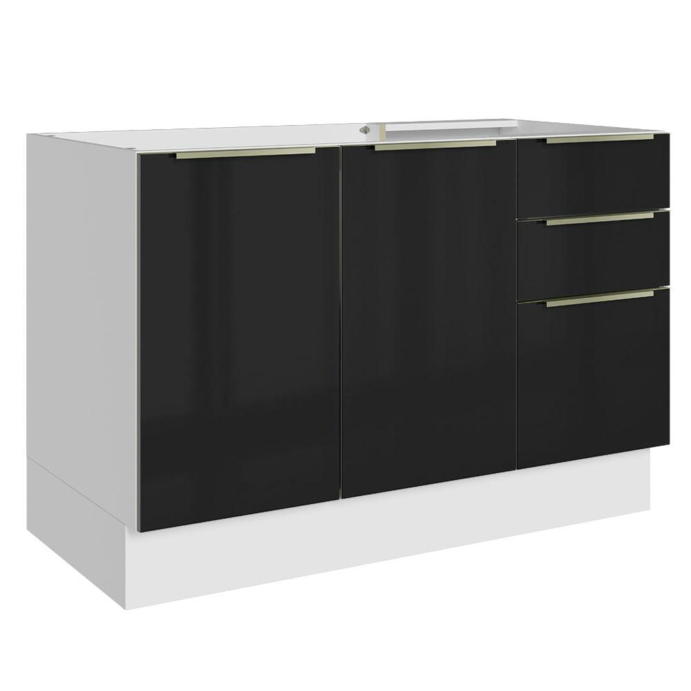 Balcão Gabinete de Pia Madesa Lux 120 cm 2 Portas 3 Gavetas - Branco/Preto