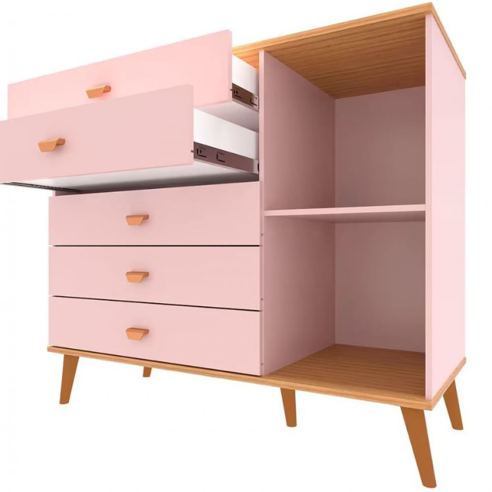 Cômoda Infantil Bartira Ternura com 5 Gavetas e 1 Porta com 106,8 cm de Largura Rosa Wood