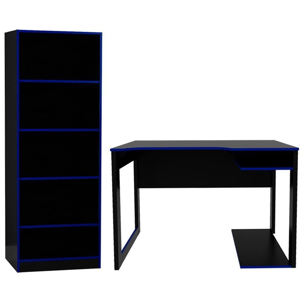 Conjunto Mesa E Armario Gamer Me4141 Me4161 Preto Azul Tecno Mobili Preto Azul