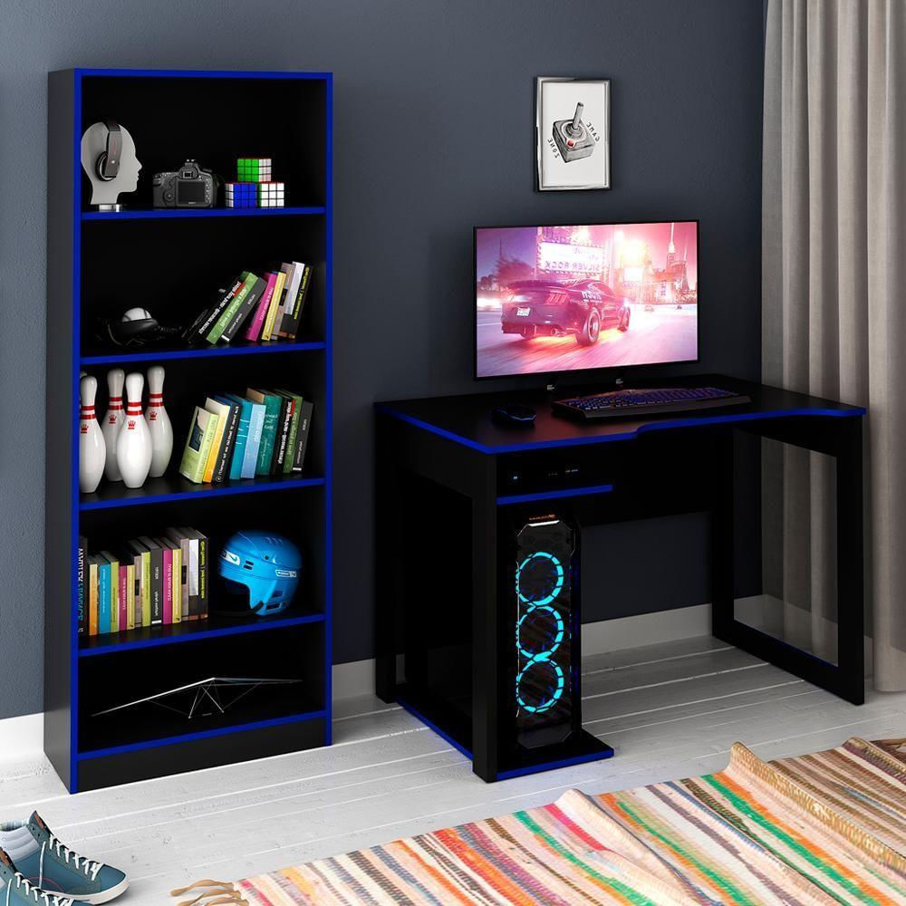 Conjunto Mesa E Armario Gamer Me4141 Me4161 Preto Azul Tecno Mobili Preto Azul