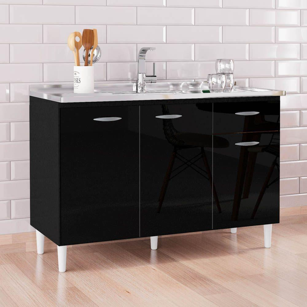 Balcão Gabinete De Pia Para Cozinha 120cm 3 Portas Classic P11 Preto Mpozenato