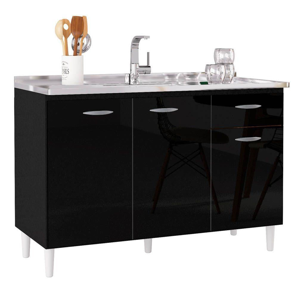 Balcão Gabinete De Pia Para Cozinha 120cm 3 Portas Classic P11 Preto Mpozenato