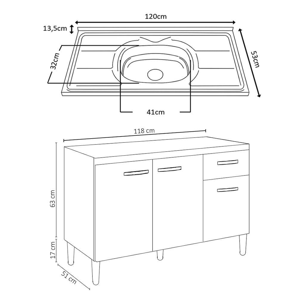 Balcão Gabinete Com Pia Inox 120cm 3 Portas E 1 Gaveta Gabriela Cinza - Ajl Móveis