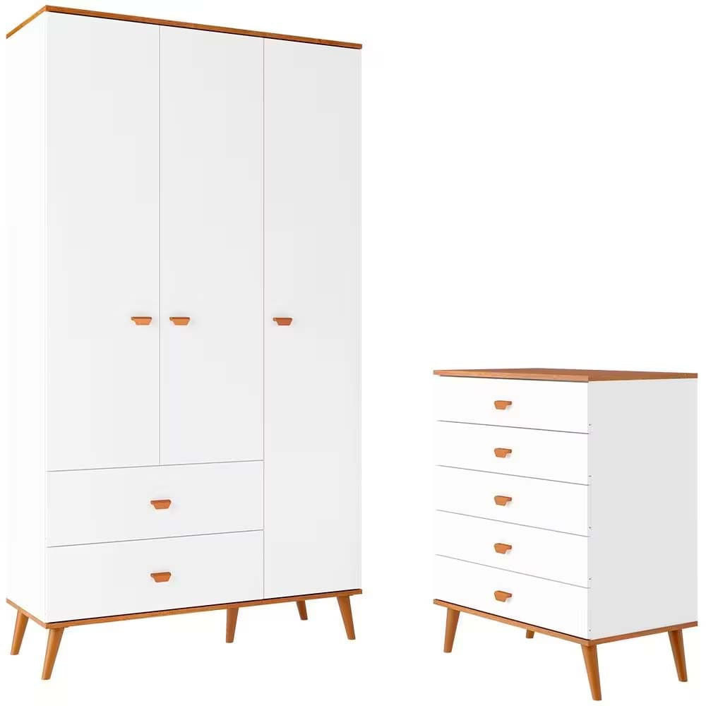 Guarda Roupa Infantil Ternura com 3 Portas, 2 Gavetas e 5 Nichos Bartira Branco Wood