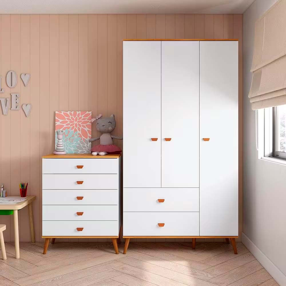 Guarda Roupa Infantil Ternura com 3 Portas, 2 Gavetas e 5 Nichos Bartira Branco Wood