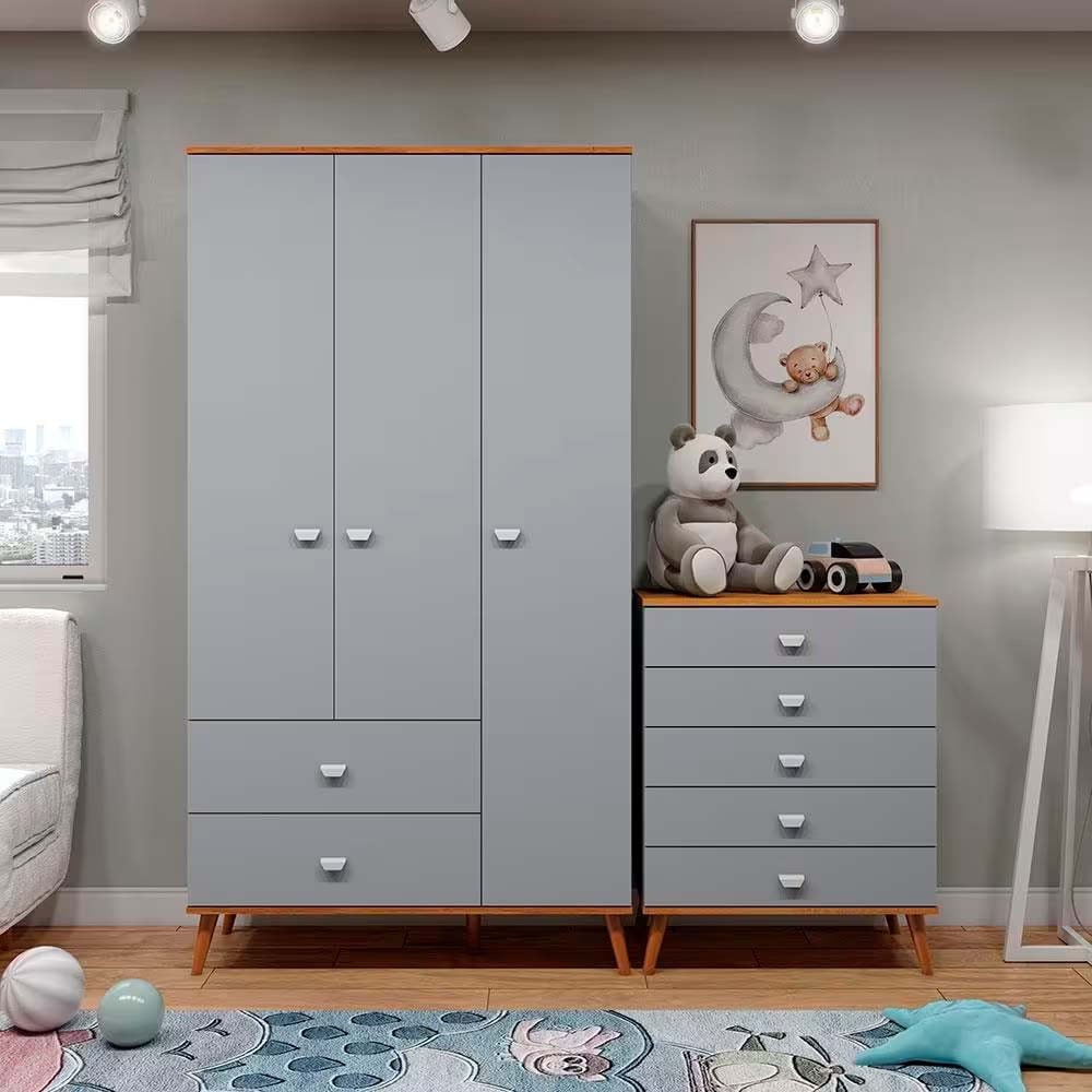 Guarda Roupa Infantil Ternura com 3 Portas, 2 Gavetas e 5 Nichos Bartira Azul Wood