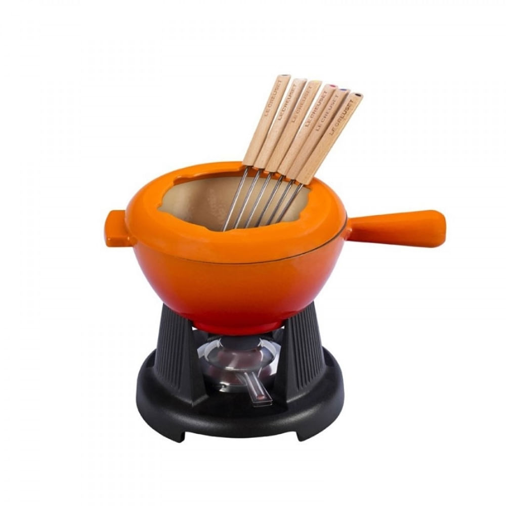 KIT LE CREUSET FONDUE DE QUEIJO/CARNE E COOLER SLEEVE PARA VINHOS E ESPUMANTES EM NYLON LARANJA