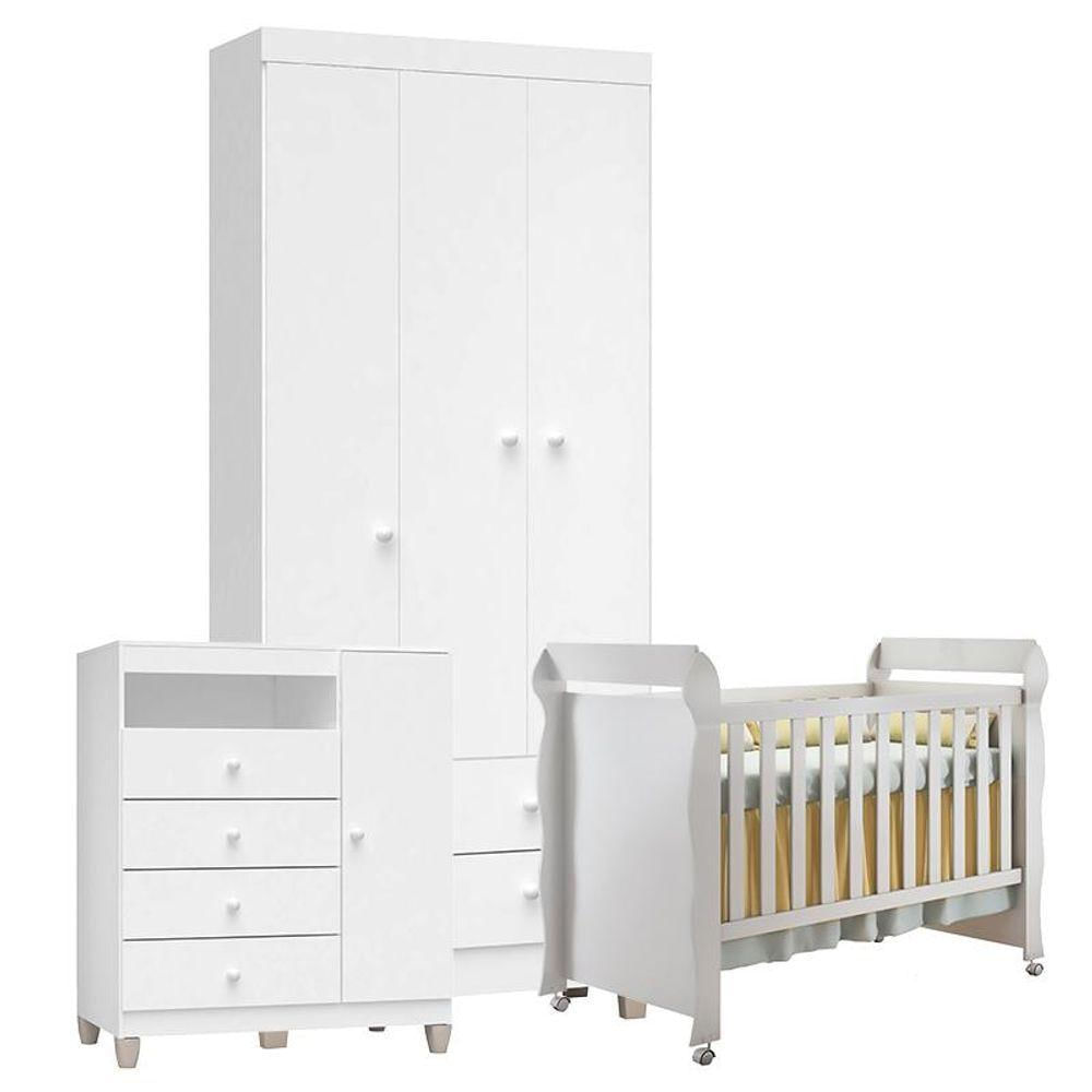 Quarto De Bebê 3 Portas Ternura Baby Com Berço Mirelle Branco Brilho - Incorplac