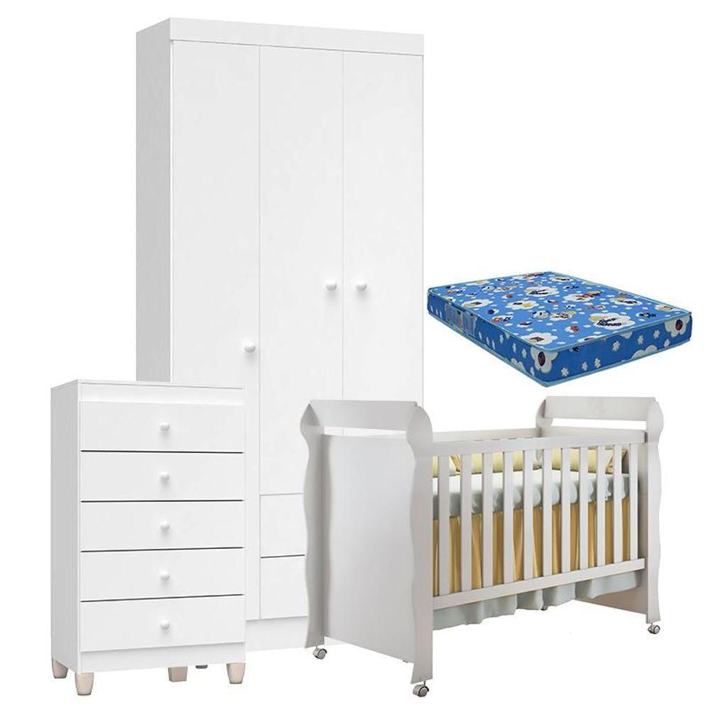 Quarto De Bebê 3 Portas Com Gaveteiro Ternura Baby E Berço Mirelle Branco Brilho Com Colchão