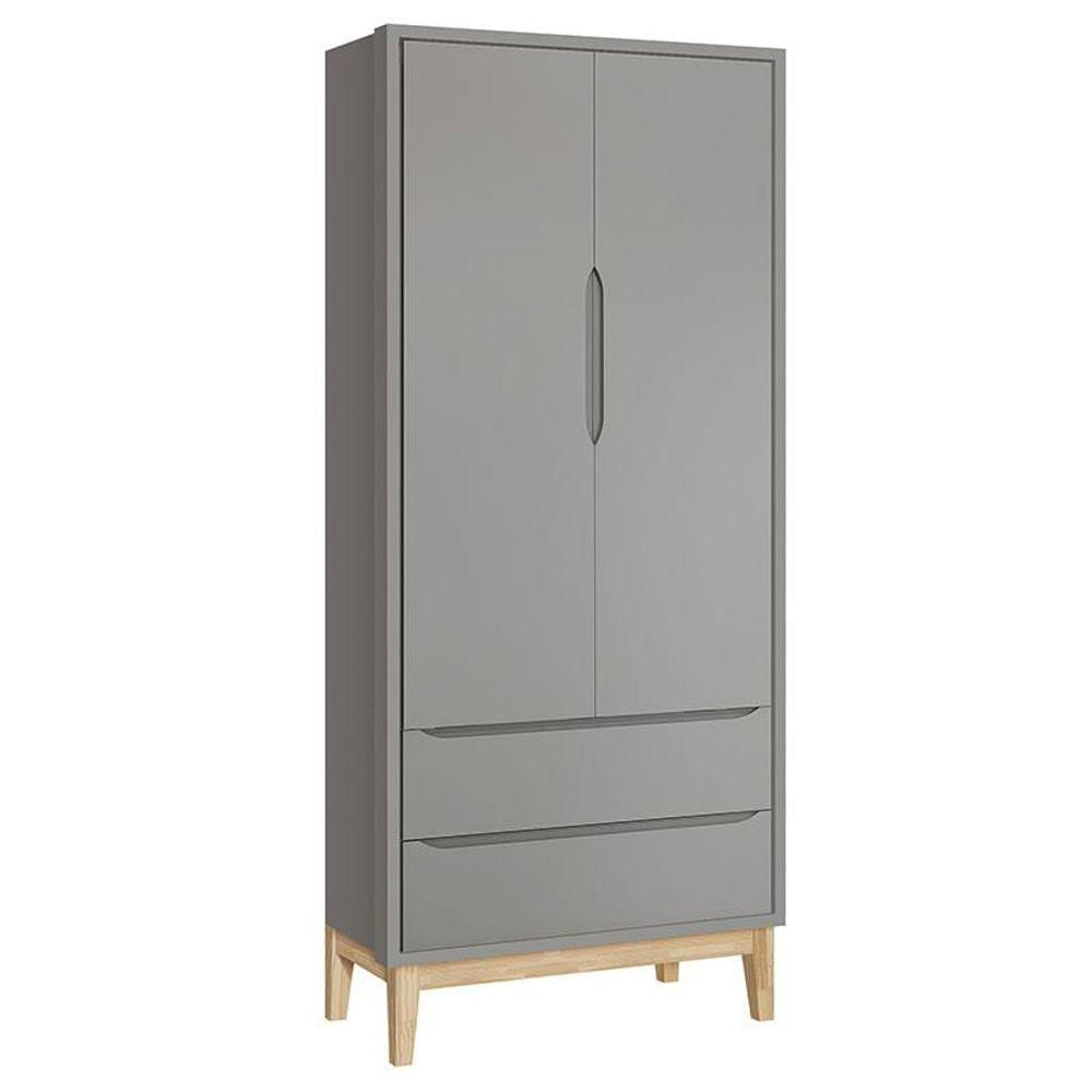 Quarto De Bebê Classic 2 Portas Com Colchão E Comoda Gaveteiro Cinza Pés Madeira Natural - Reller