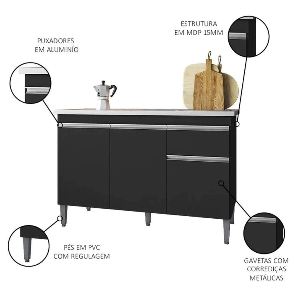 Balcão De Pia Cozinha 120cm Tatiane 3 Portas 1 Gaveta Sem Tampo Preto Ajl