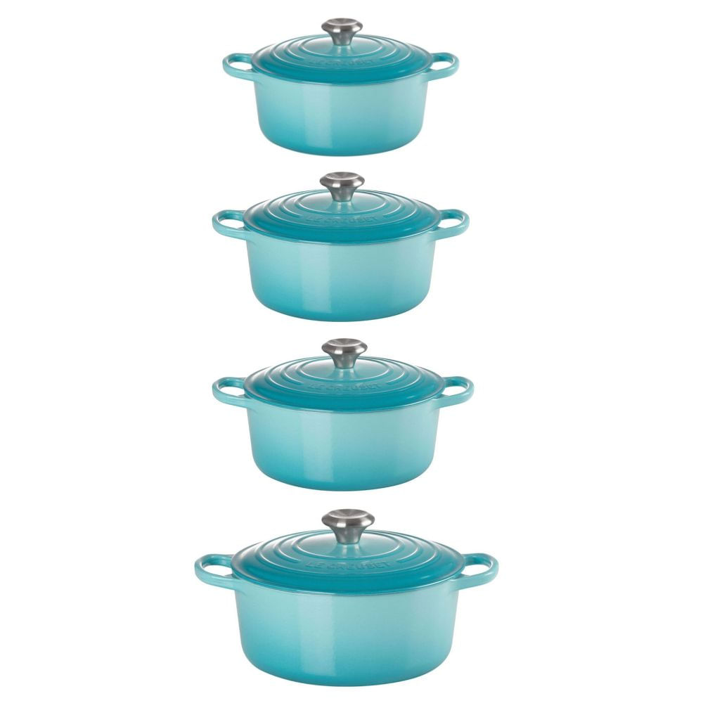 KIT LE CREUSET 4 PANELAS REDONDAS 20 22 24 E 26CM EM FERRO ESMALTADO AZUL CARIBE