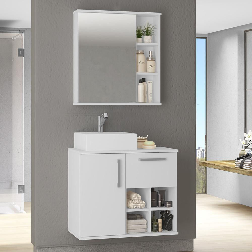 Armário Aéreo Para Banheiro 60Cm Com Porta E Espelho Branco