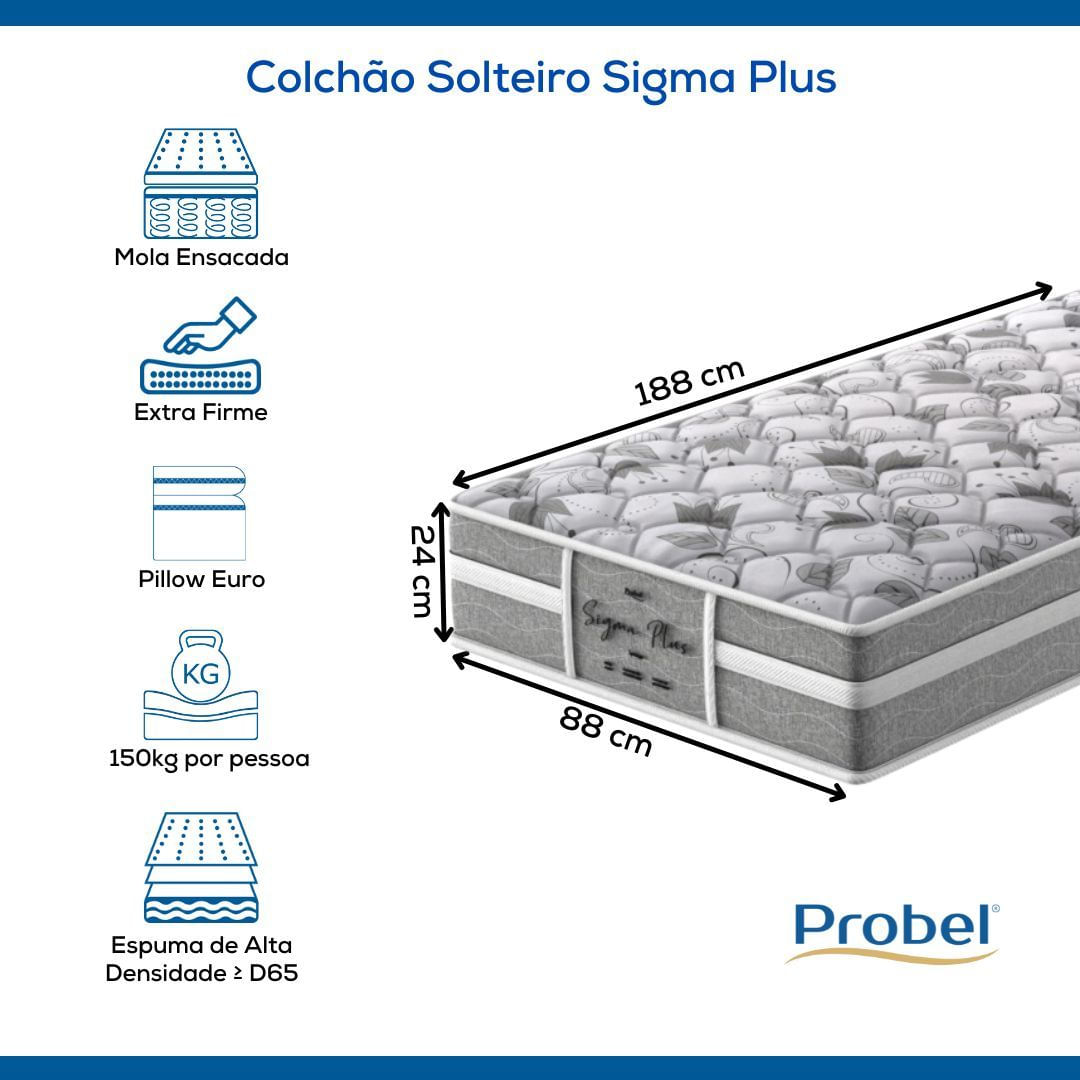 Colchão Solteiro Mola Ensacada Probel Sigma Plus (88x188x24cm)