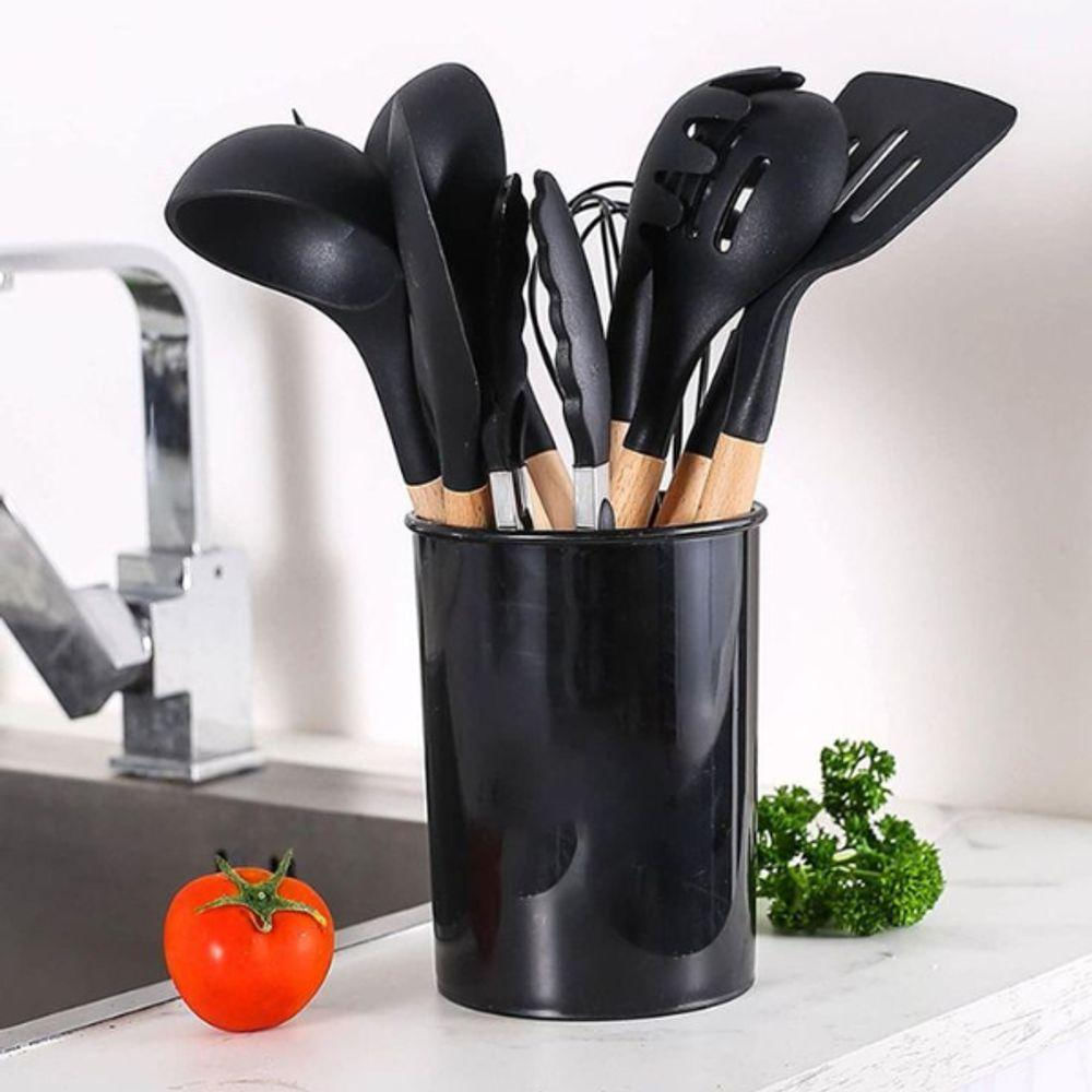 Kit Utensílios Cozinha Premium Silicone Antiaderente 12 Peças Preto