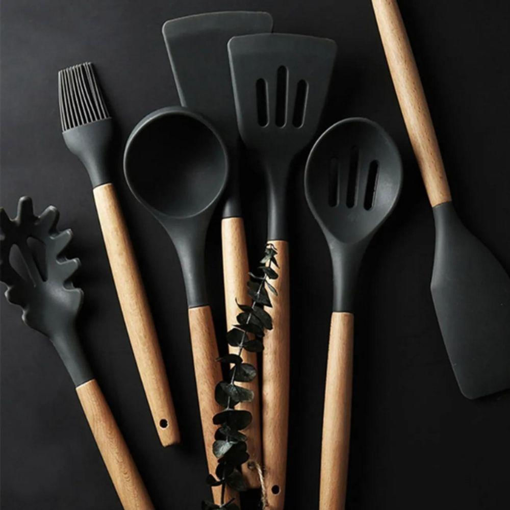 Kit Utensílios Cozinha Premium Silicone Antiaderente 12 Peças Preto