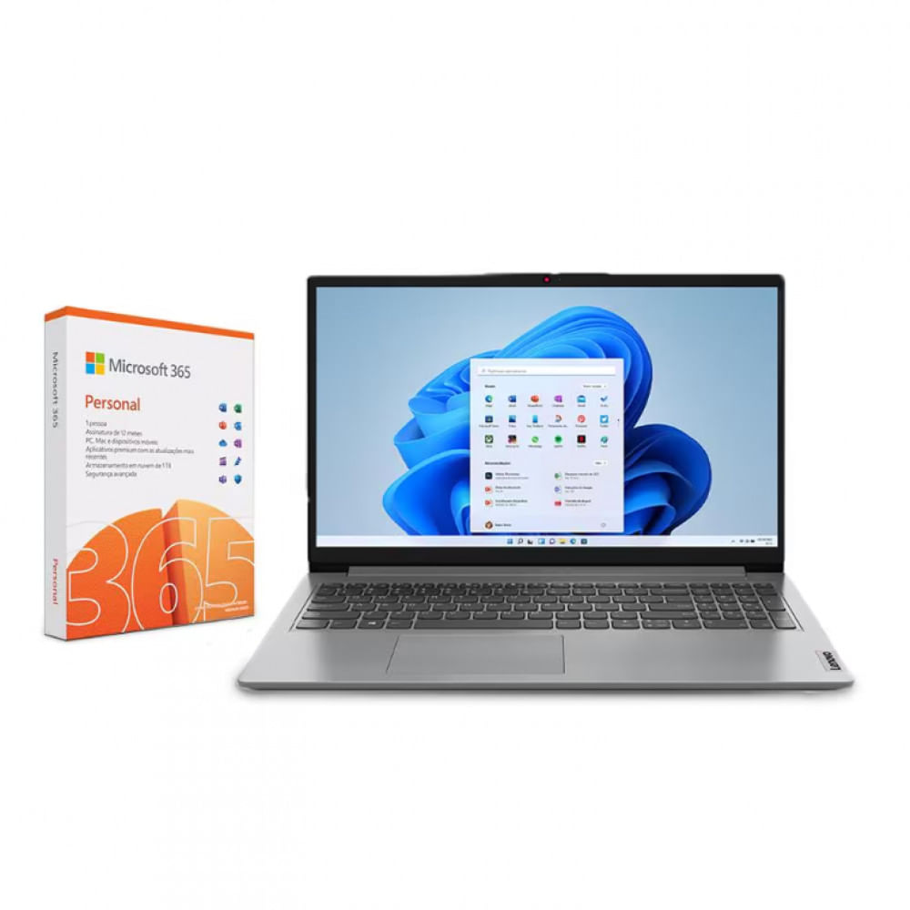 Notebook Lenovo IdeaPad 1 8GB, 512GB SSD, Tela 15.6 e Placa de Vídeo Intel Iris Xe + Microsoft 365 Personal 1TB