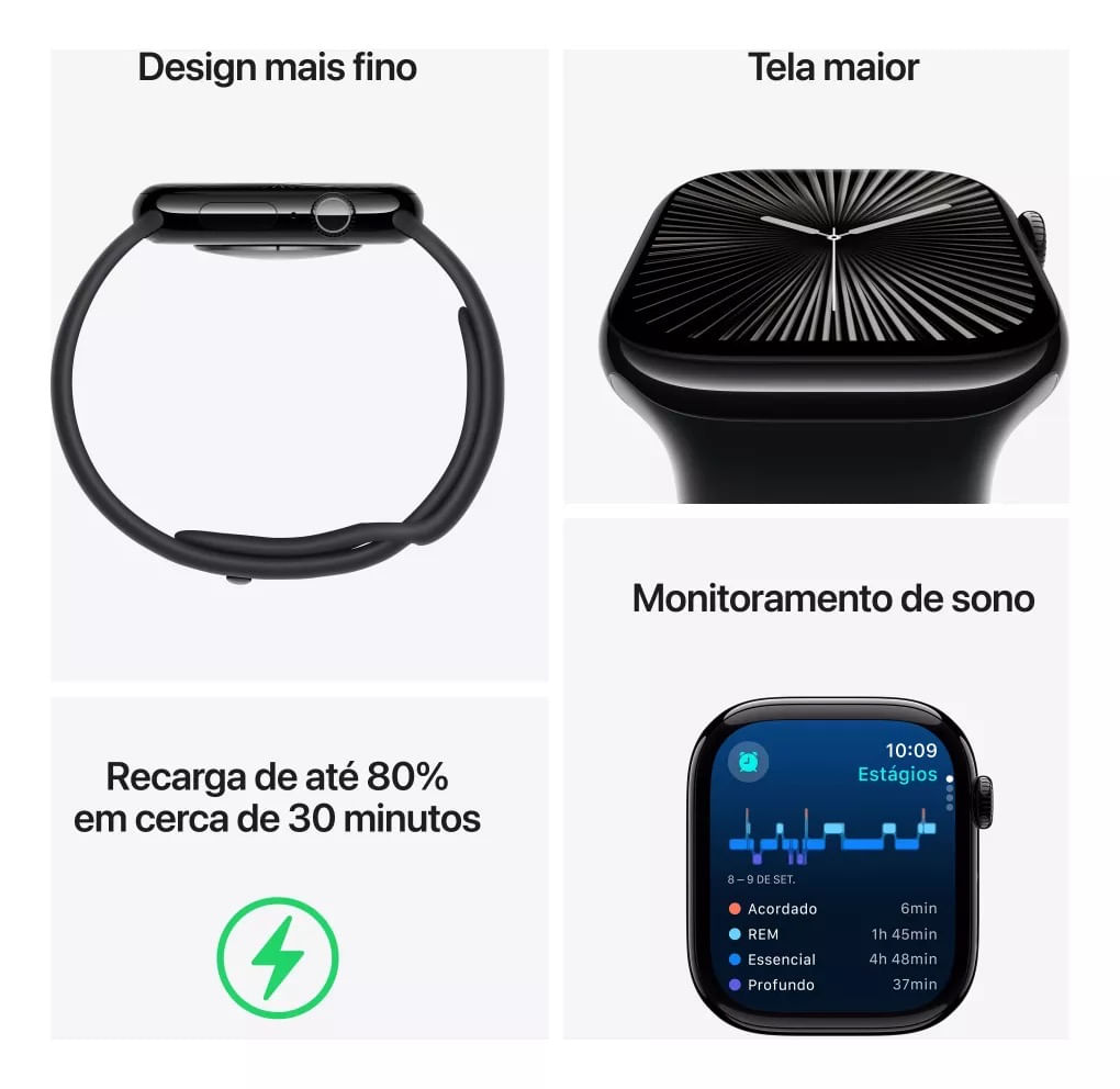 Apple Watch Series 10 (GPS 46 mm) Caixa Preto Brilhante em Alumínio com Pulseira Esportiva Preta (Jet Black)