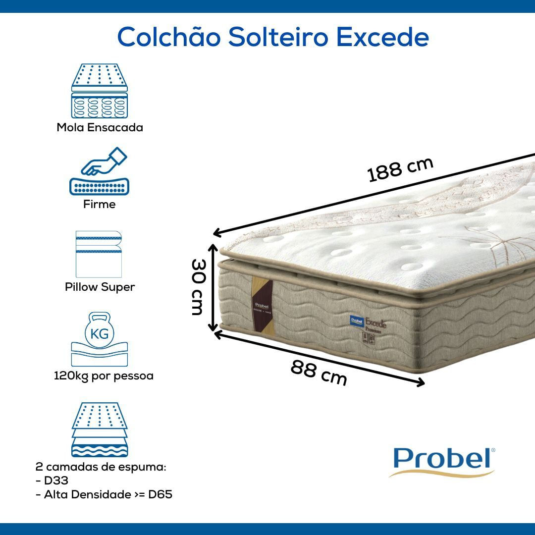 Colchão Solteiro Mola Ensacada Probel Excede Premium (88x188x30cm)