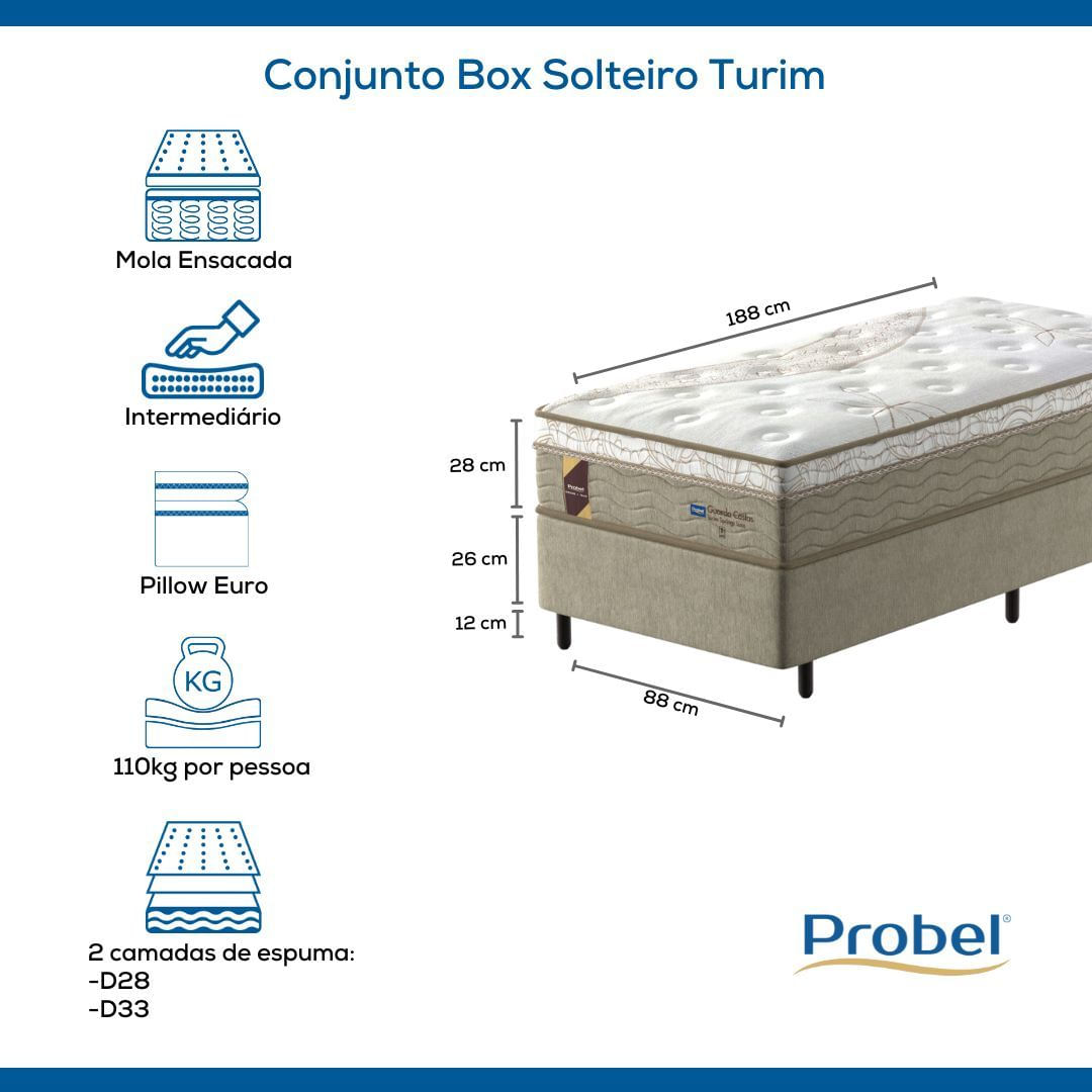 Conjunto Box Solteiro Mola Ensacada Probel Turim  (88x188x54cm)