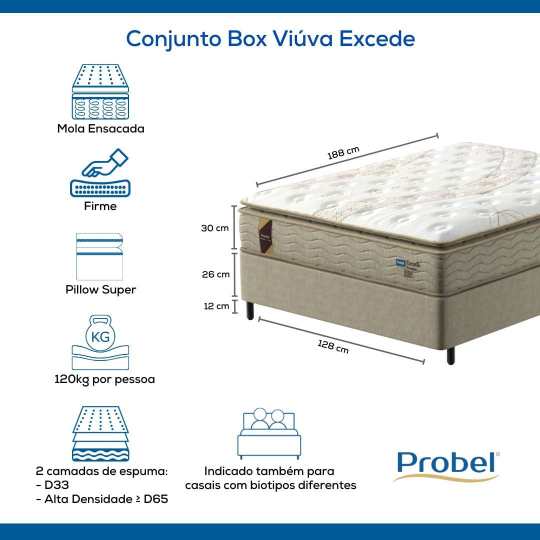 Conjunto Box Viúva Mola Ensacada Probel Excede Premium (128x188x56cm)