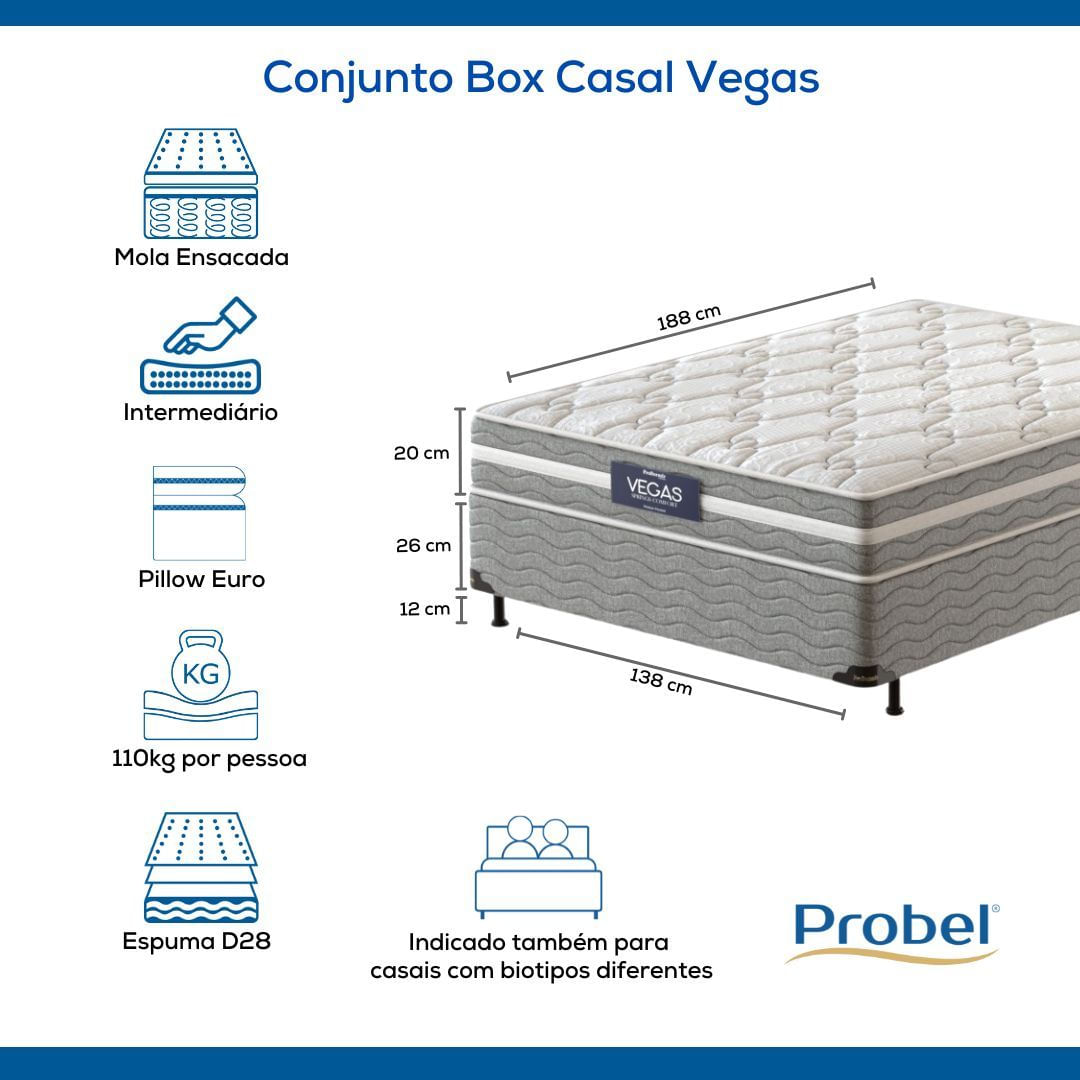 Conjunto Box Casal Mola Ensacada Prodormir Vegas Comfort (138x188x46cm)