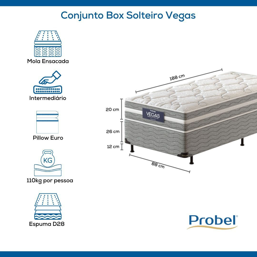 Conjunto Box Solteiro Mola Ensacada Prodormir Vegas Comfort (88x188x46cm)