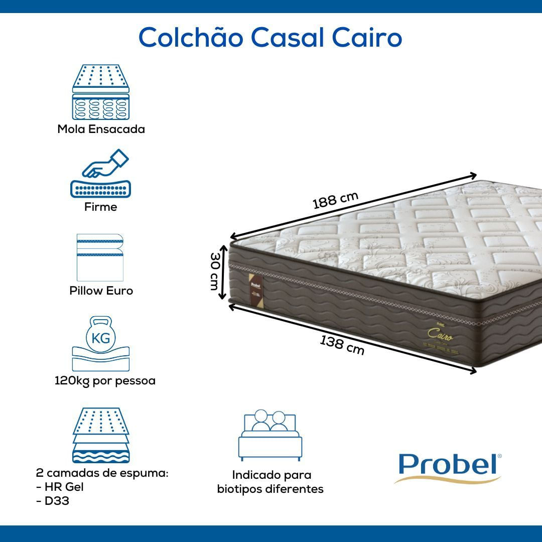 Colchão Casal Mola Ensacada Probel Cairo Ultra Gel (138x188x30cm)