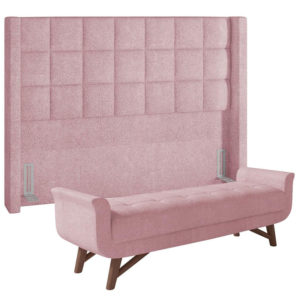Kit Cabeceira Cama Box Paris 140 cm com Puff Recamier Itália P05 Bouclê Rosê - Lyam Decor