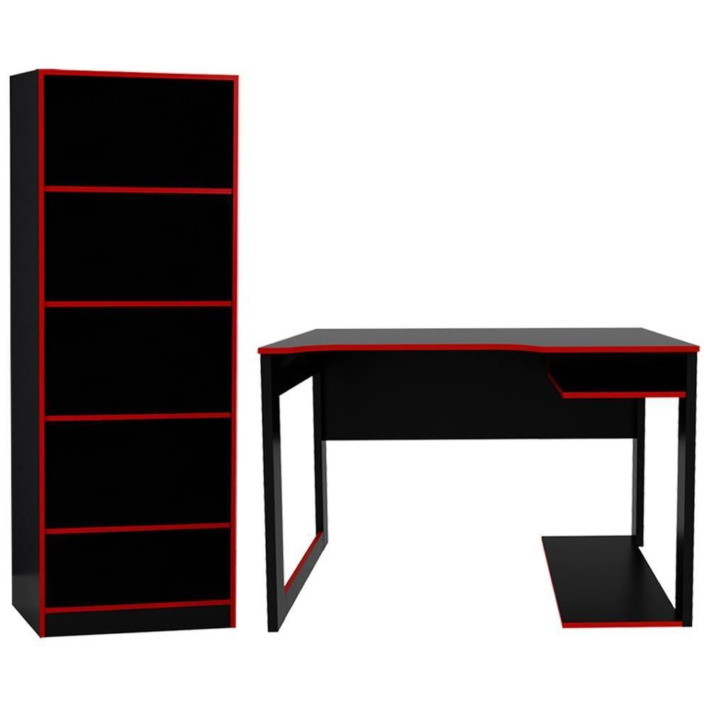 Conjunto Mesa E Armario Gamer Me4141 Me4161 Preto Vermelho Tecno Mobili Preto Vermelho