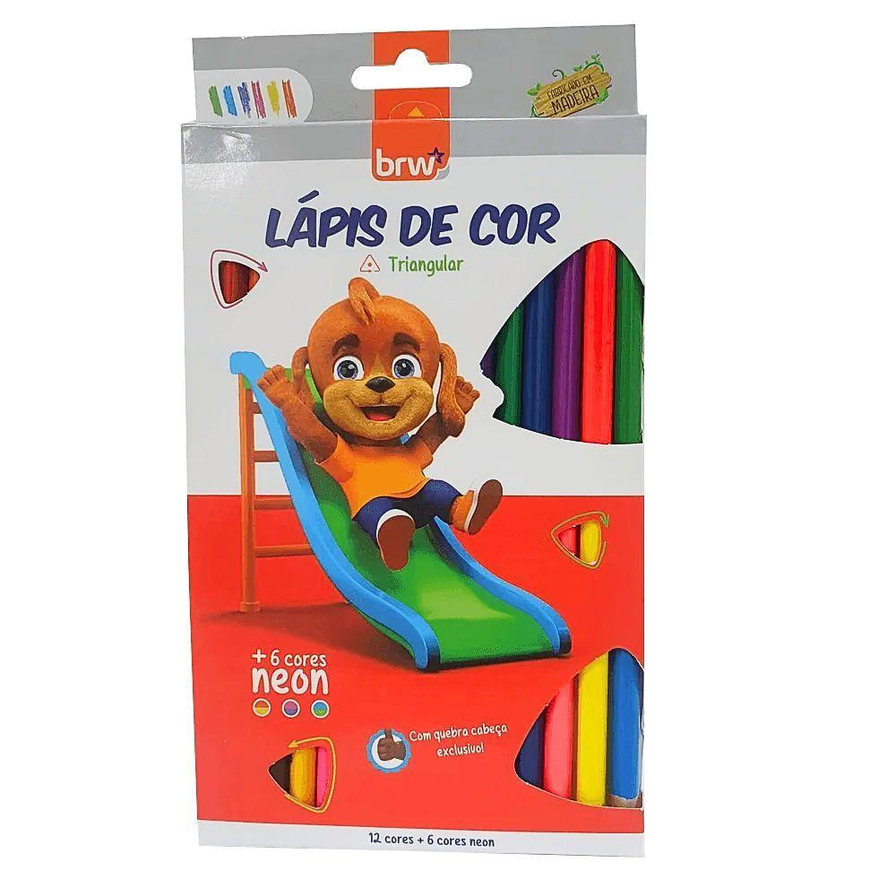 Lápis De Cor Escolar Triangular Com 12 Cores Brw + 6 Cores Neon