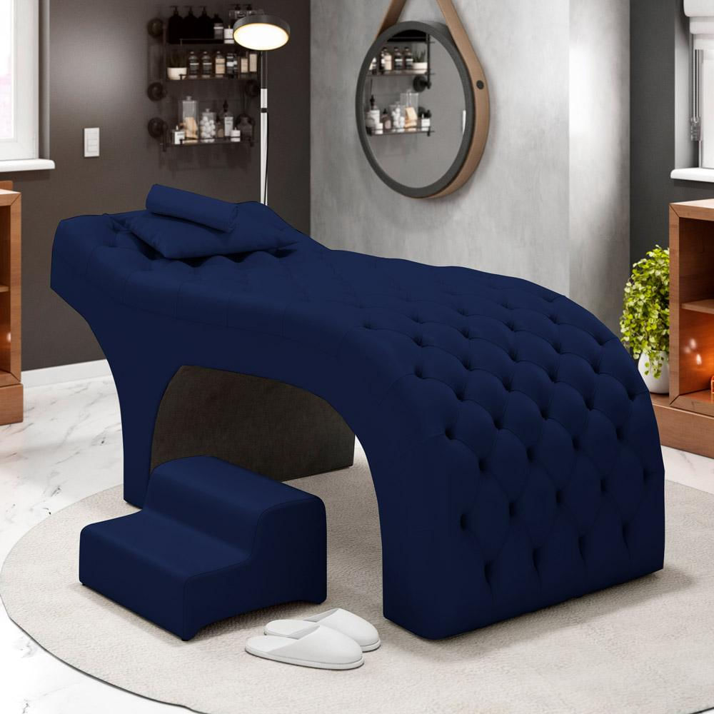 Maca Salão de Beleza Para Esteticista Charme e Puff Escada Estofada 190x80cm Suede - Desk Design Azul marinho