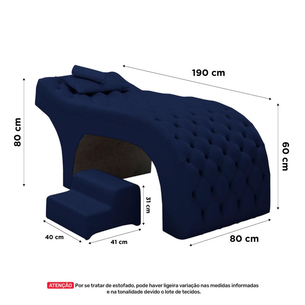 Maca Salão de Beleza Para Esteticista Charme e Puff Escada Estofada 190x80cm Suede - Desk Design Azul marinho