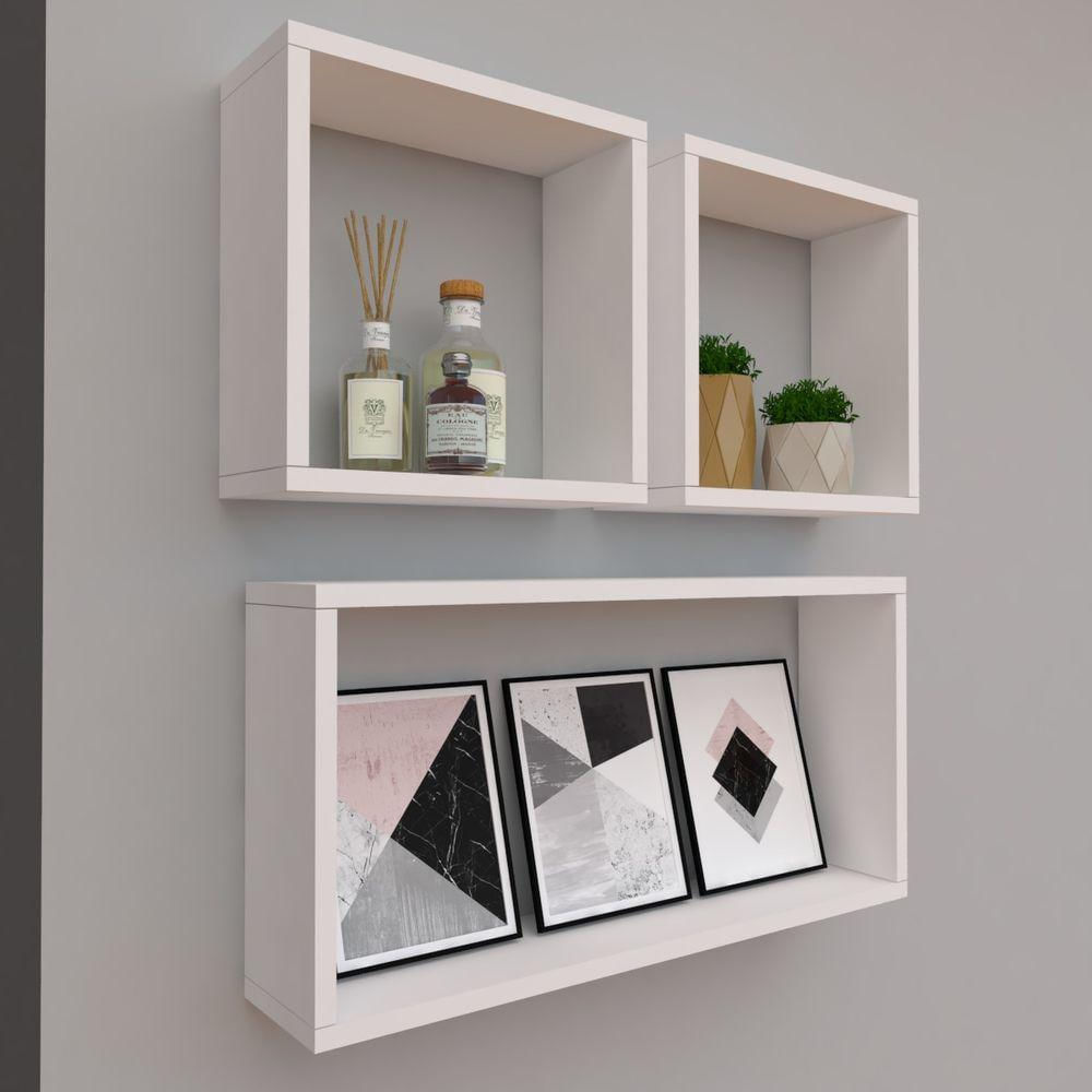 Kit Com 3 Nichos Decoração Para Quarto Branco Retangular