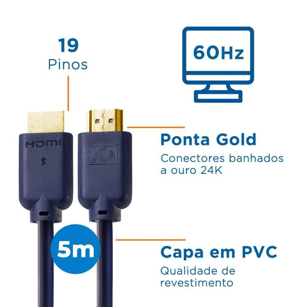 Cabo Hdmi Aquario 2.0 4k 3d 19 Pinos 5 Metros - 4k05