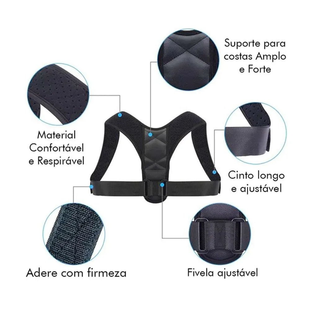 Colete Corretor Postural Sml Suporte Ajustável - Unissex Único / Preto