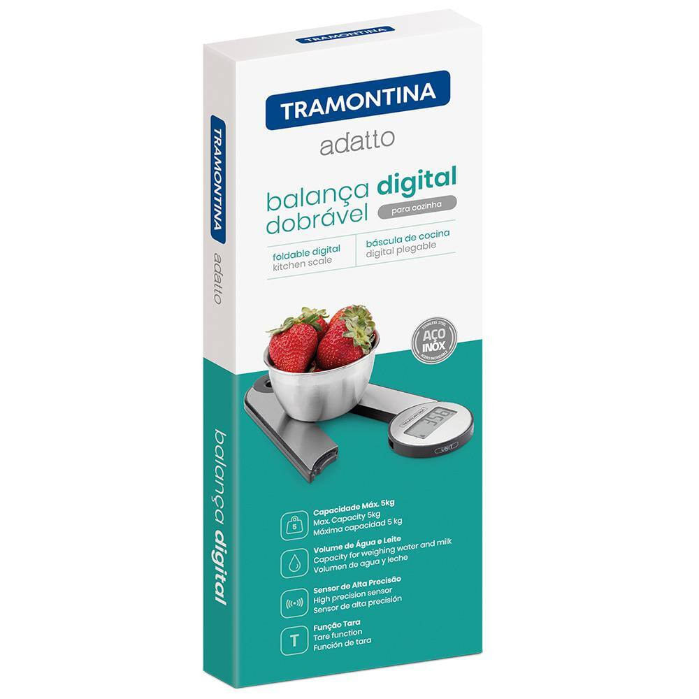 Balança Digital Dobrável para Cozinha Tramontina Adatto 5kg em Aço Inox Inox