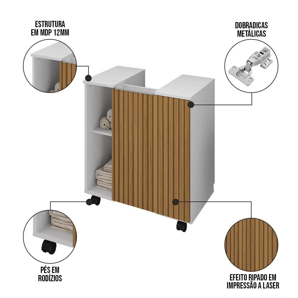 Gabinete Para Banheiro 55cm 1 Porta Com Rodízios Pequin Branco/Ripado - Bechara