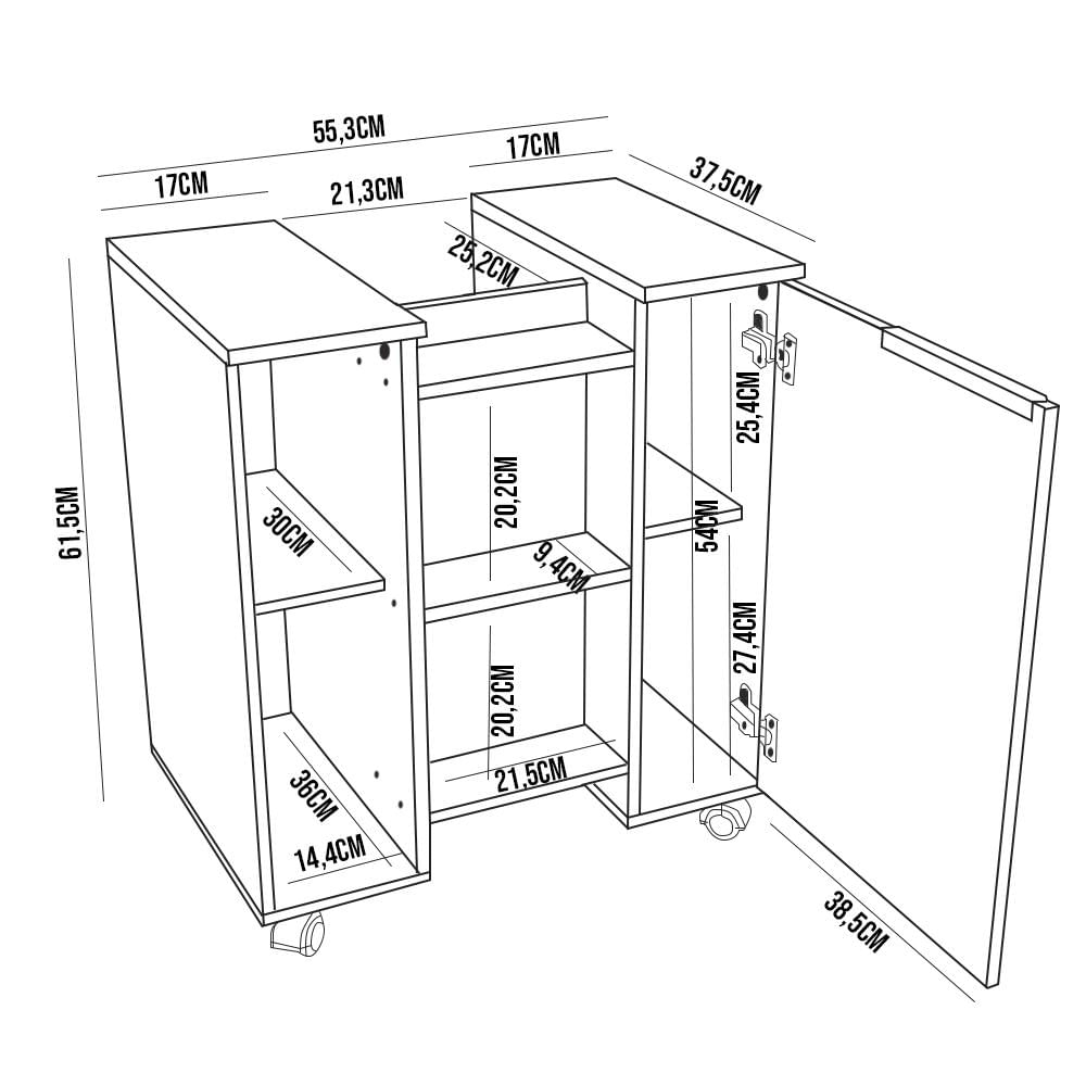 Gabinete Para Banheiro 55cm 1 Porta Com Rodízios Pequin Branco/Ripado - Bechara