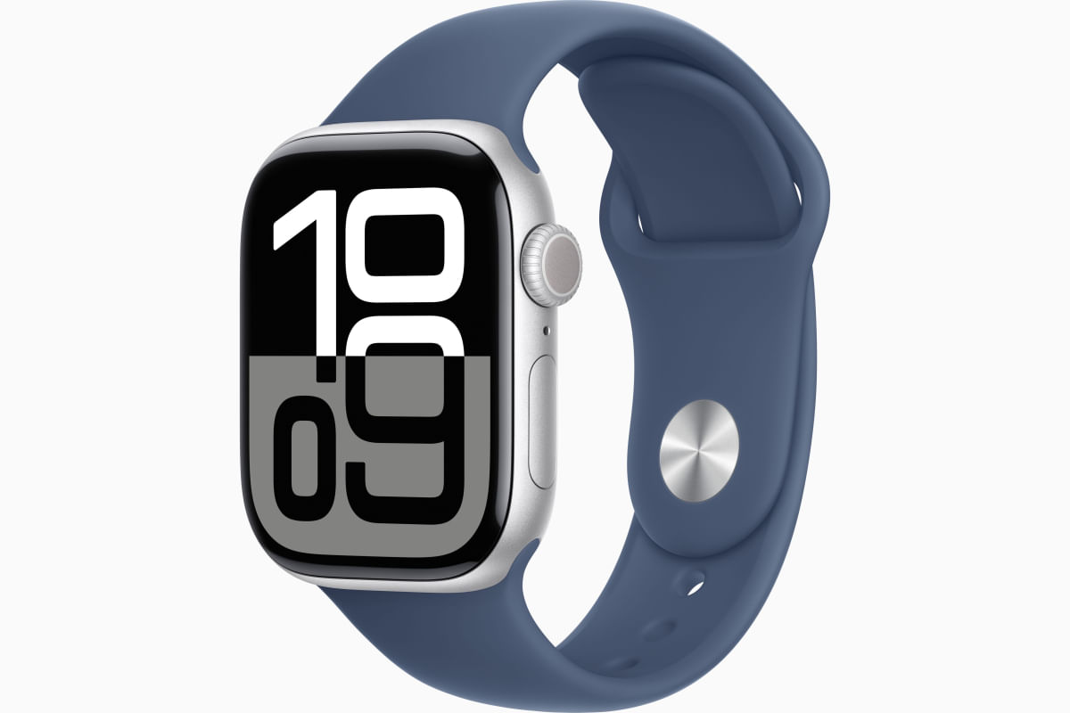 Apple Watch Series 10 (GPS 46 mm) Caixa Prateada em Alumínio com Pulseira Esportiva Azul (Denim)