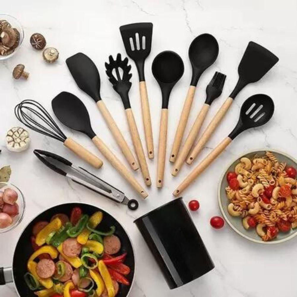 Kit Utensílios Cozinha Premium Silicone Antiaderente 12 Peças Preto