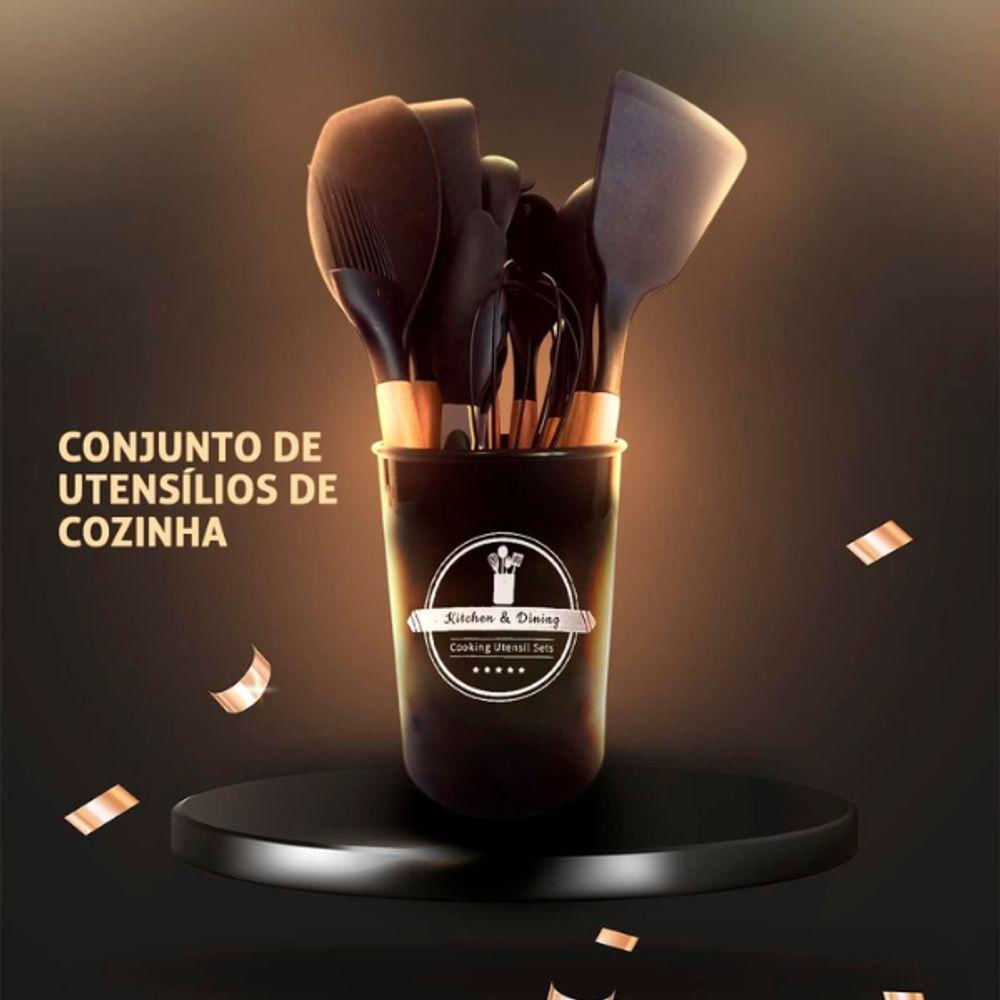 Kit Utensílios Cozinha Premium Silicone Antiaderente 12 Peças Preto