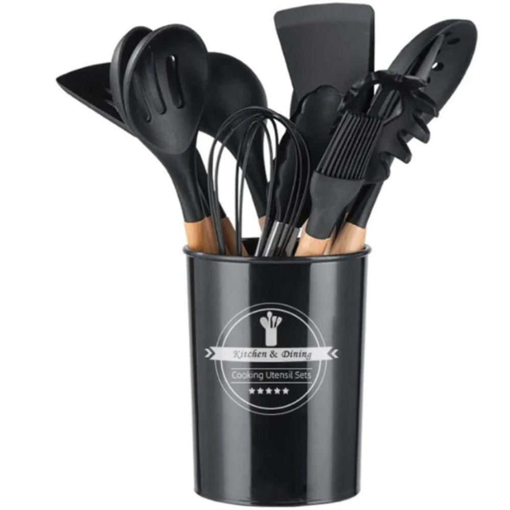 Kit Utensílios Cozinha Premium Silicone Antiaderente 12 Peças Preto