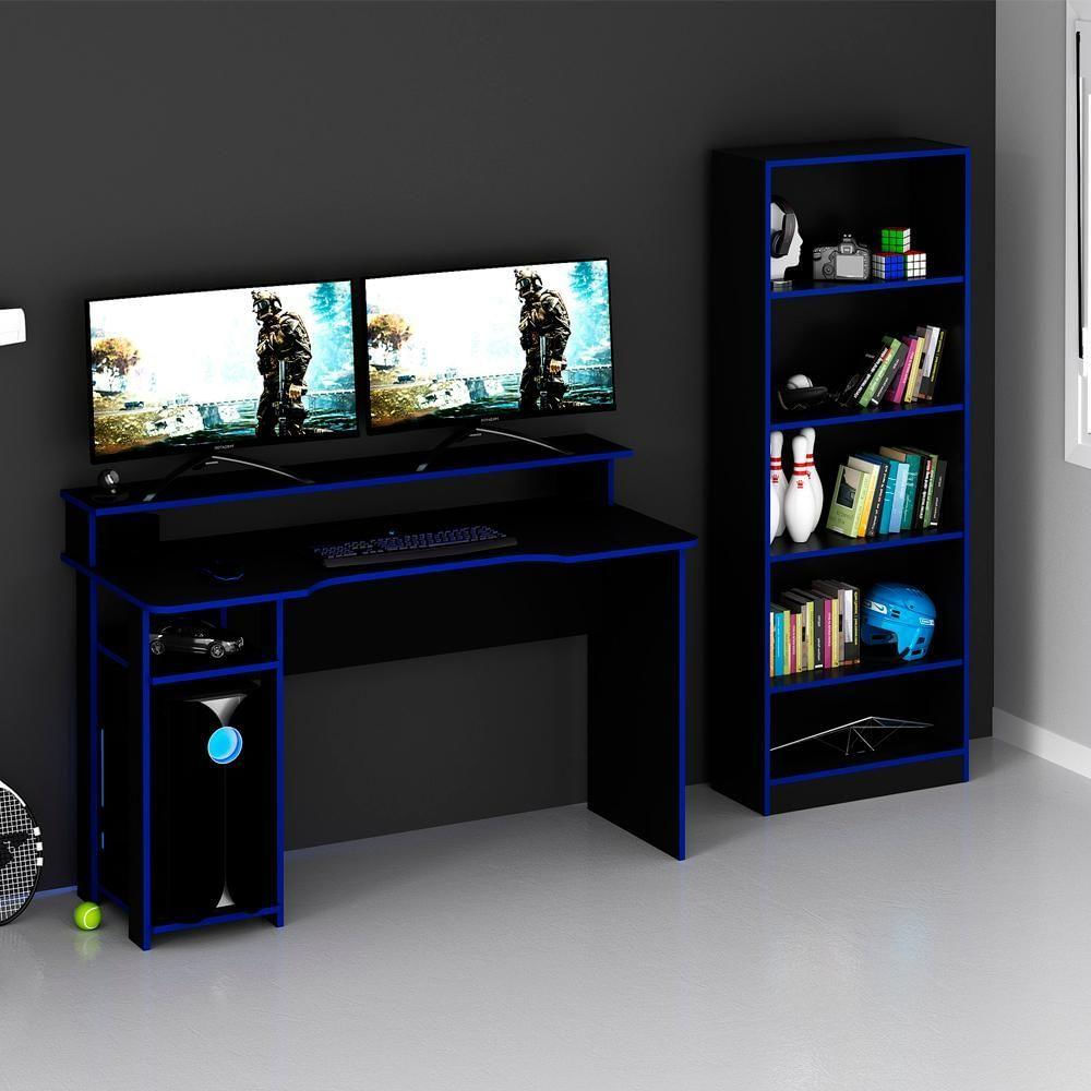 Conjunto Mesa E Armario Gamer Me4141 Me4153 Preto Azul Tecno Mobili Preto Azul