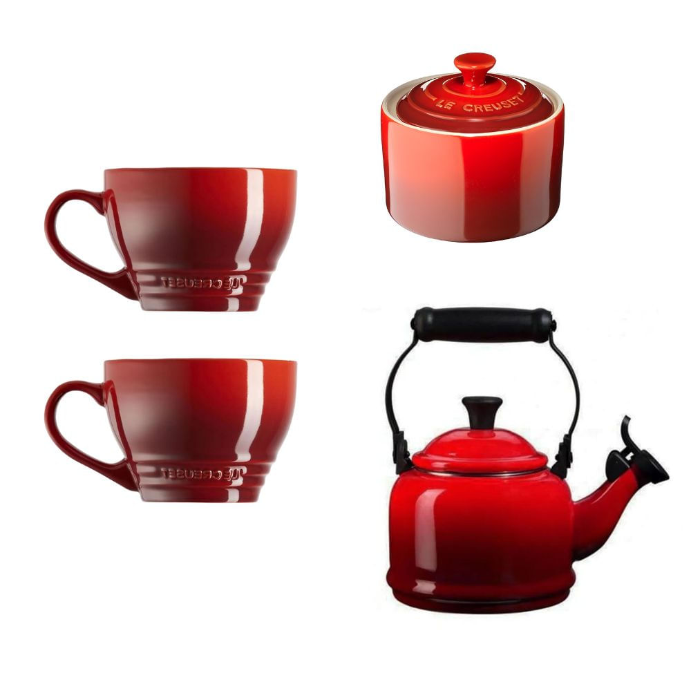 KIT LE CREUSET AÇUCAREIRO 2 CANECAS BISTRÔ 400ML E CHALEIRA DEMI 1,1L