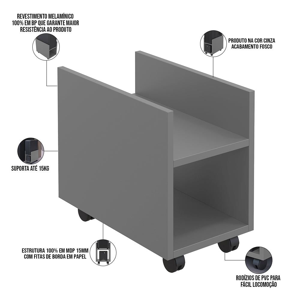 Kit 04 Suportes Para Cpu E Nobreak Com Rodízios Guide L03 Cinza - Lyam