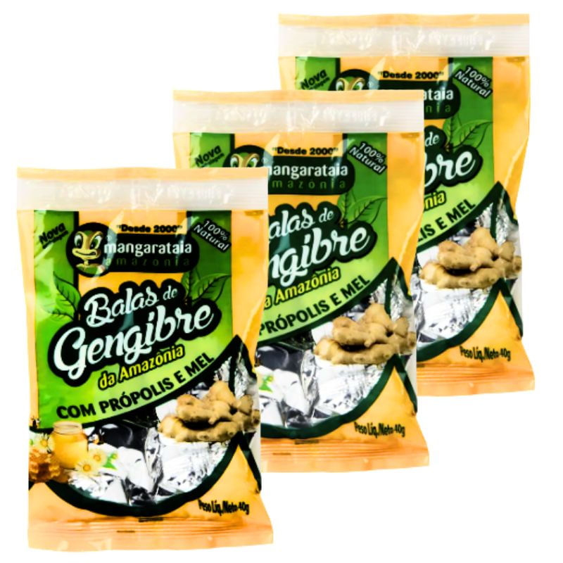 Balas de Gengibre da Amazônia com Própolis e Mel  - 3 pacotes de 40 g - 100% natural